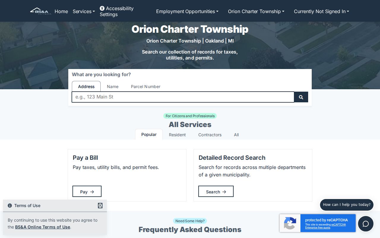Orion Township residents directory property search choices on BS&A Online