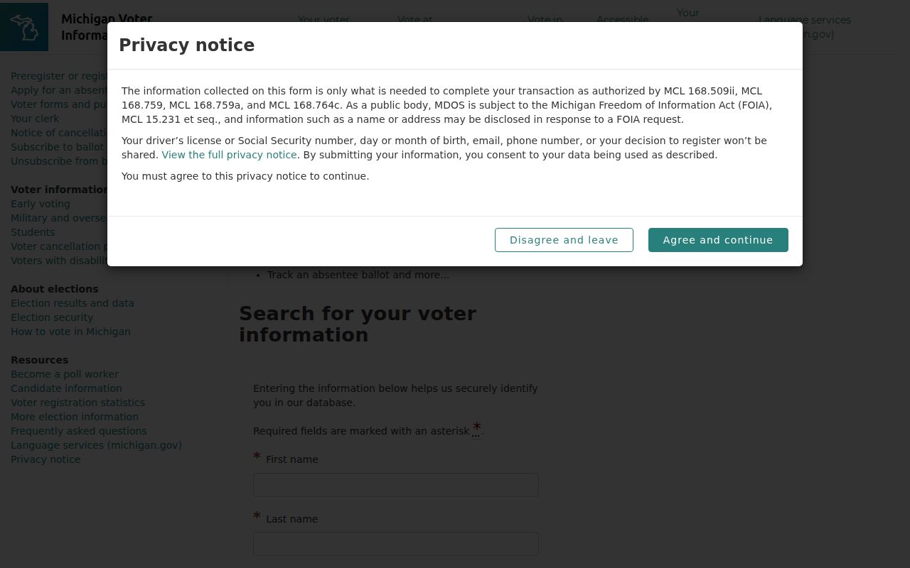 Orion Township resident lookup through Michigan voter information search fields