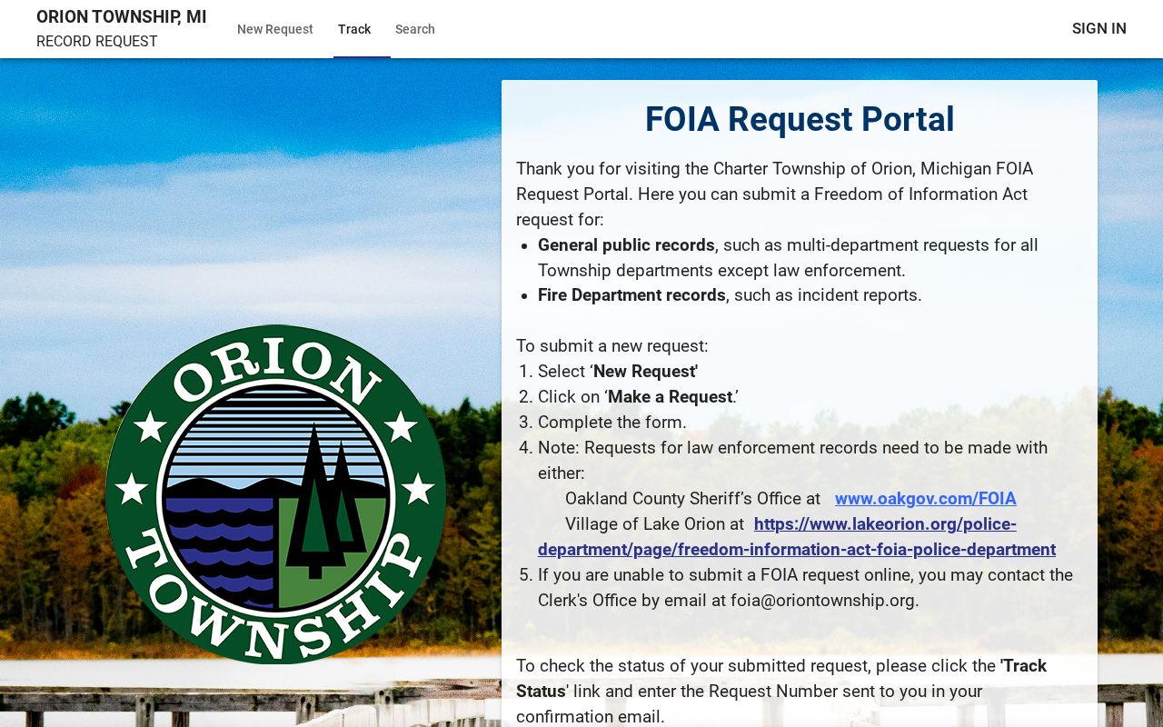 Orion Township residents directory public records request portal